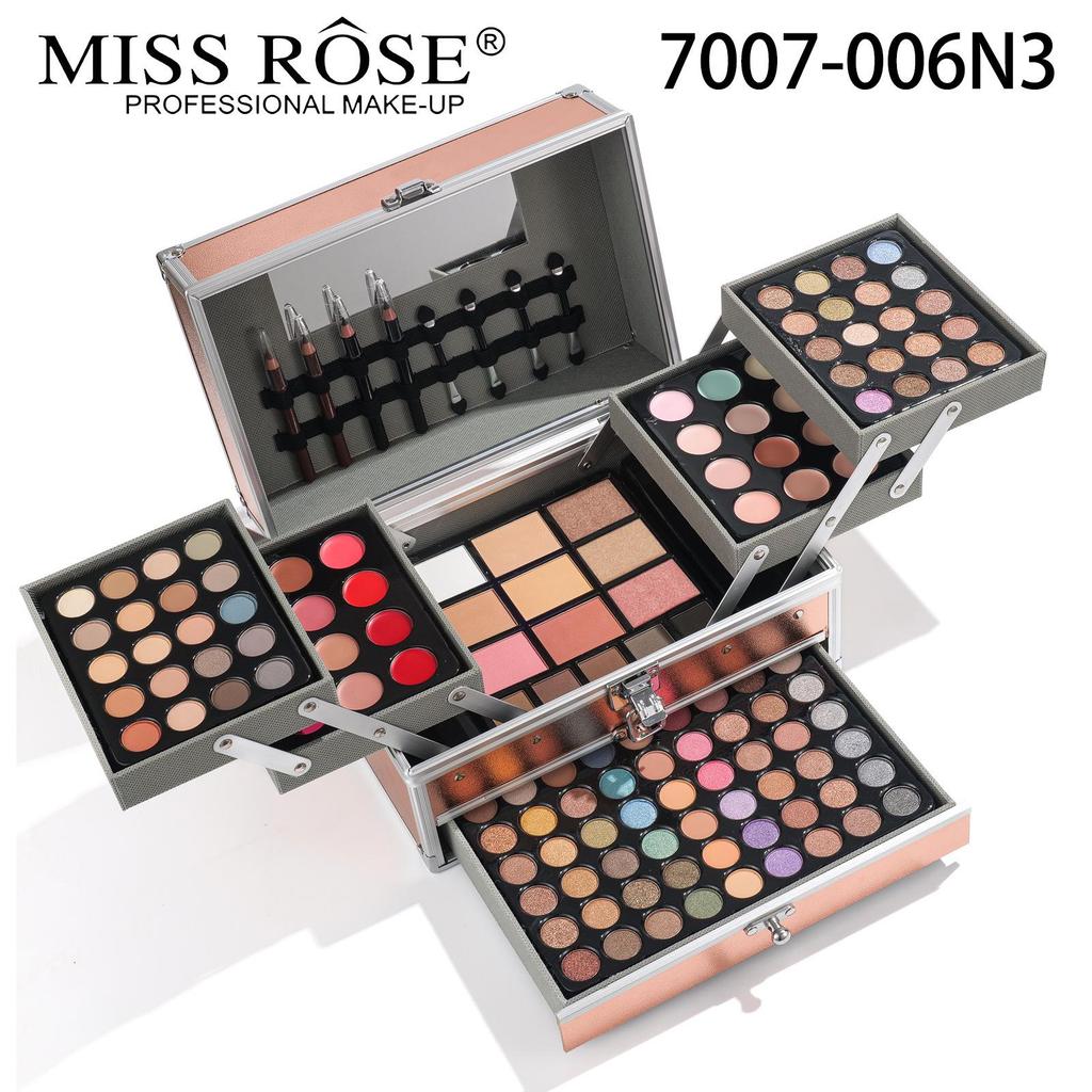 MISSROSE Makeup Palette Set: Eyeshadow, Lip Gloss, Lipstick, Blush, Concealer, Highlight, and Powder.