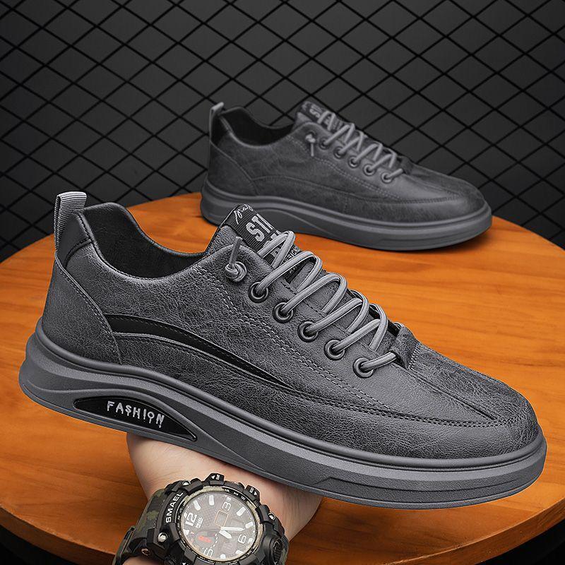 New Men's Autumn Breathable Waterproof Non-slip Black Leather Casual Sneakers