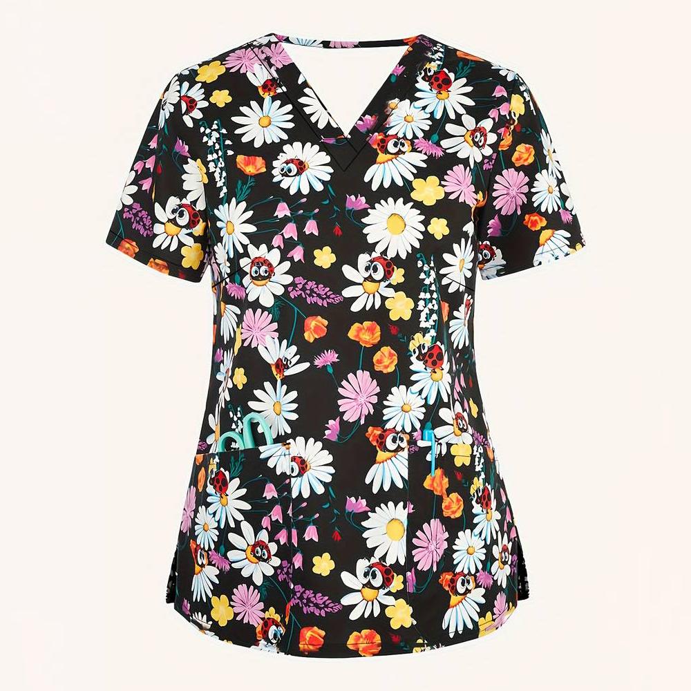 Blouses médicales pour femmes Mode Imprimé floral Tops d'infirmière saine Col en V Manches courtes Poches plaquées T-shirts Uniformes cliniques Femme