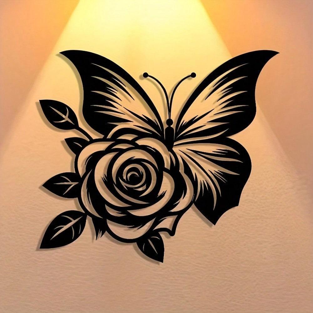 1 Iron Butterfly Rose Metal Wall Art, Elegant Abstract Design, Versatile Wall Decor With A Detachable Craft Logo
