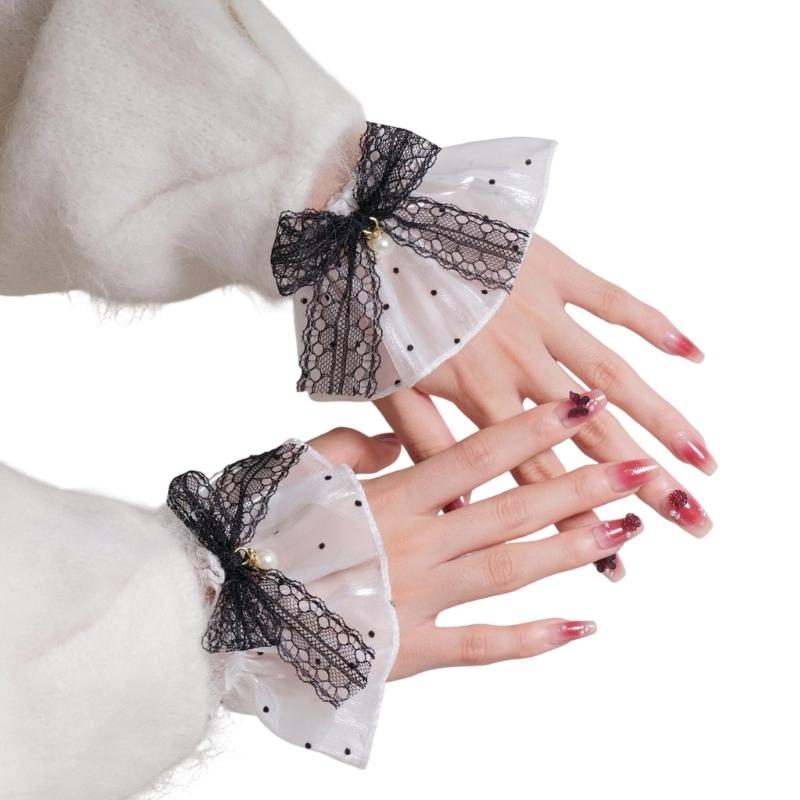 Elegant Lace Sleeves Wrist Cuffs with Artificial Pearls And Bowknot Decors For Daily Outfit Various Event Dressingup
