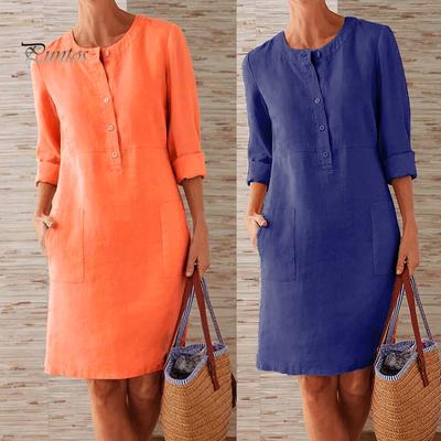 Jednobarevné s dlouhým rukávem Velké velikosti Ležérní Bavlna Povlečení Dámská Tunika Kaftanové šaty