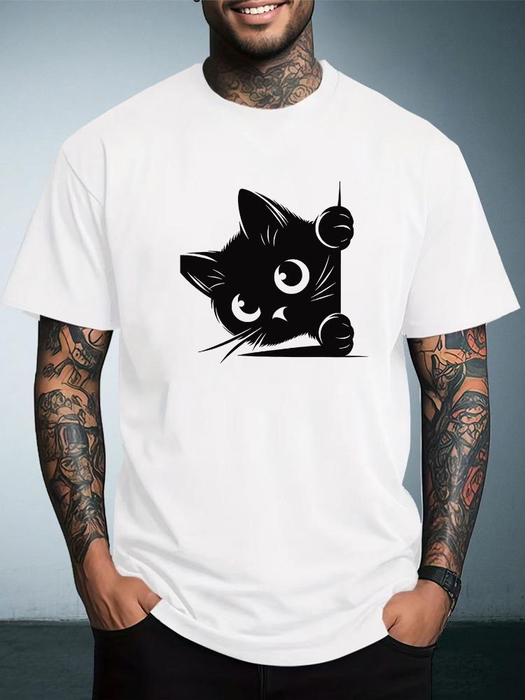 Unisex Summer Casual Short Sleeve T Shirt Cute Peeking Black Cat Cartoon Graphic Oversized Loose Daily Street Fashion Tees Tops