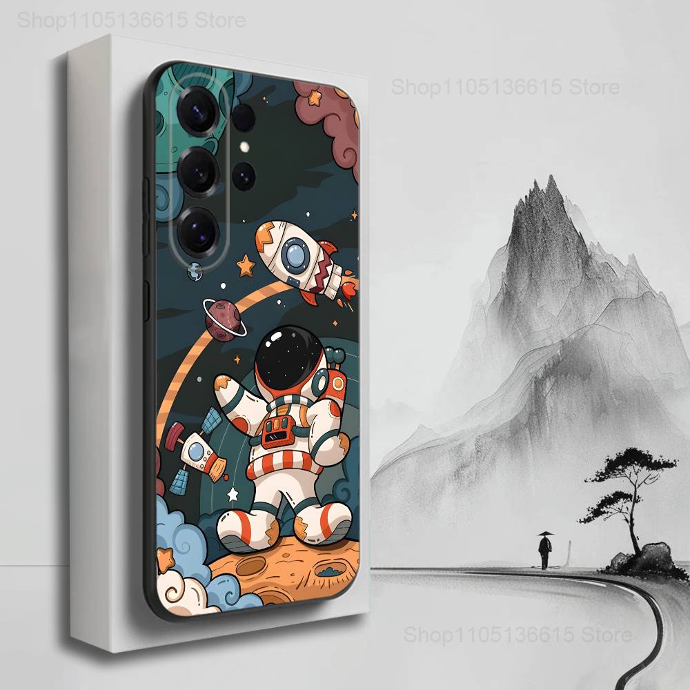 Cartoon Astronaut Space Case For Samsung S22,S25,S20,S10,Plus,Ultra,S24,S23,FE,S21,S9,Lite,Soft Silicone Black