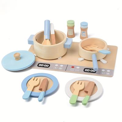 Youngsters' Wooden Play Kitchen Set with Plates Utensils  Realistic Cooking Toy, Perfect Christmas Gift for Boys Girls