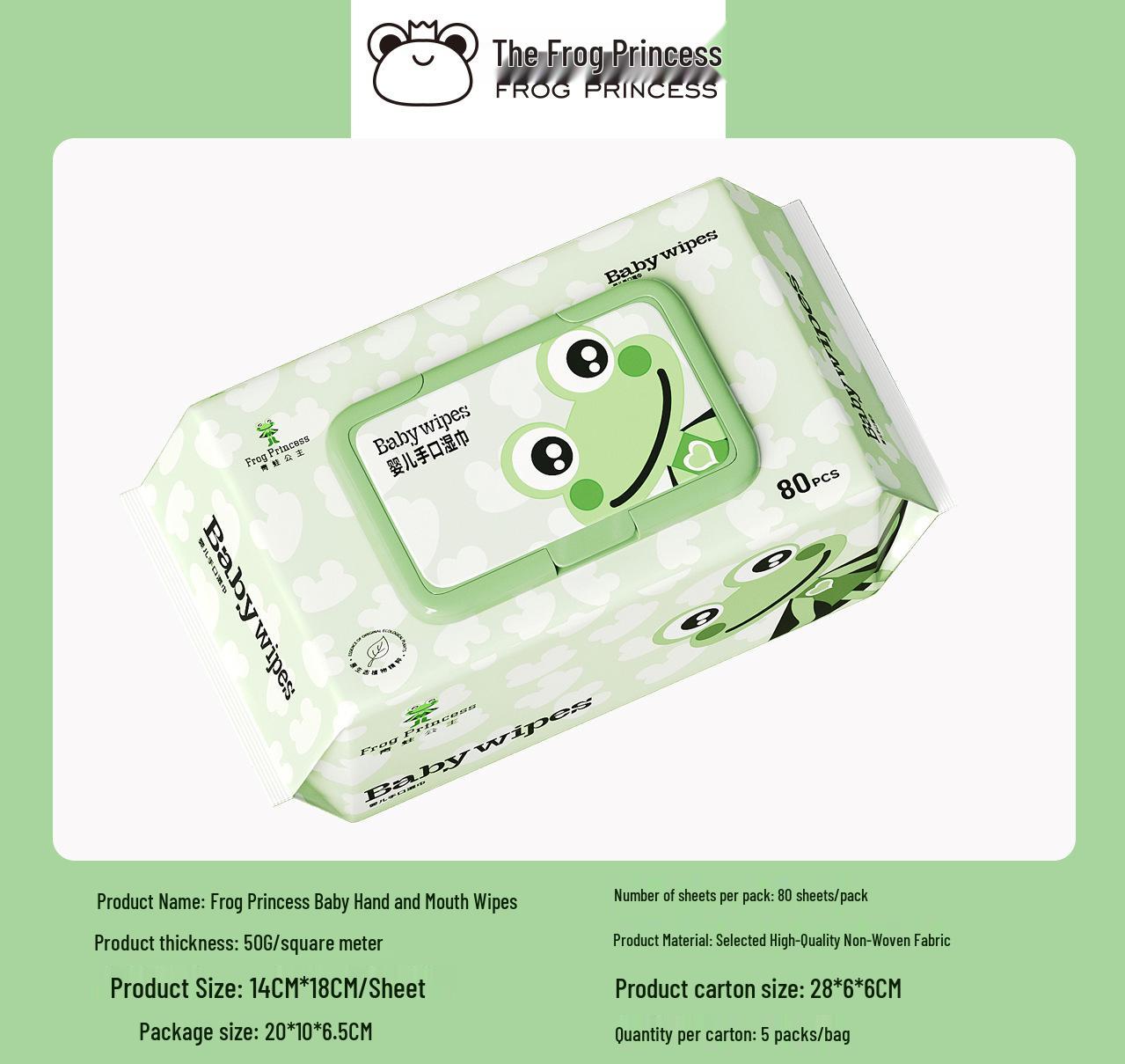 

Frog Princess Baby Wipes: Small Pack (10), Large Pack (80) - Gentle Pure Cotton for Hands, Mouth, Bottom.