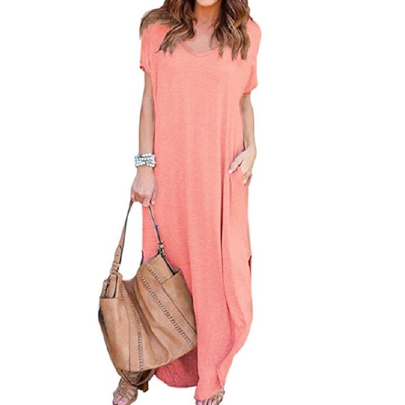 Summer New Women's Solid Color V-Neck Loose Casual Pocket Slit Dress