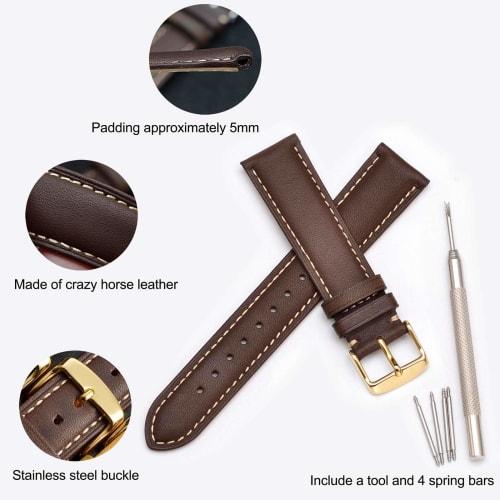 WOCCI 24mm Replacement Watch Strap, Vintage Genuine Leather Watch Band, Dark Brown with Gold Buckle