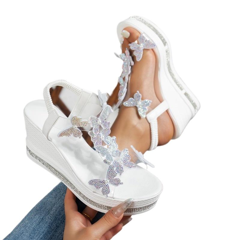 Fashion 2025 New Summer Elastic Band Women's Sandals Crystal Butterfly Platform Wedge Bordered Sandals for Fashion Plus Size Dress Shoes