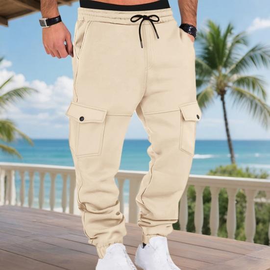Men Winter Sweatpants Thickened Cargo Pants Warm Casual Baggy Trousers Drawstring Waist Jogger Pants