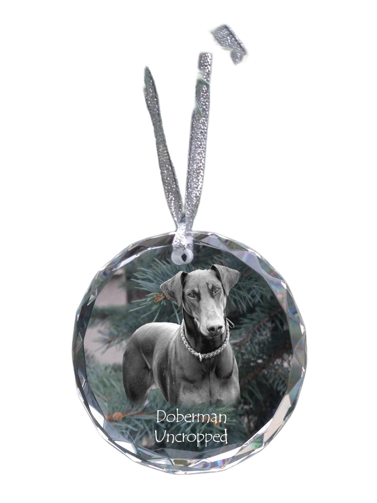 

Dobermann, Doberman Pinscher, Dobie I - crystal bauble with a photo, dog photo in crystal, personalized Christmas tree ornament by Art-Dog brand прозорий