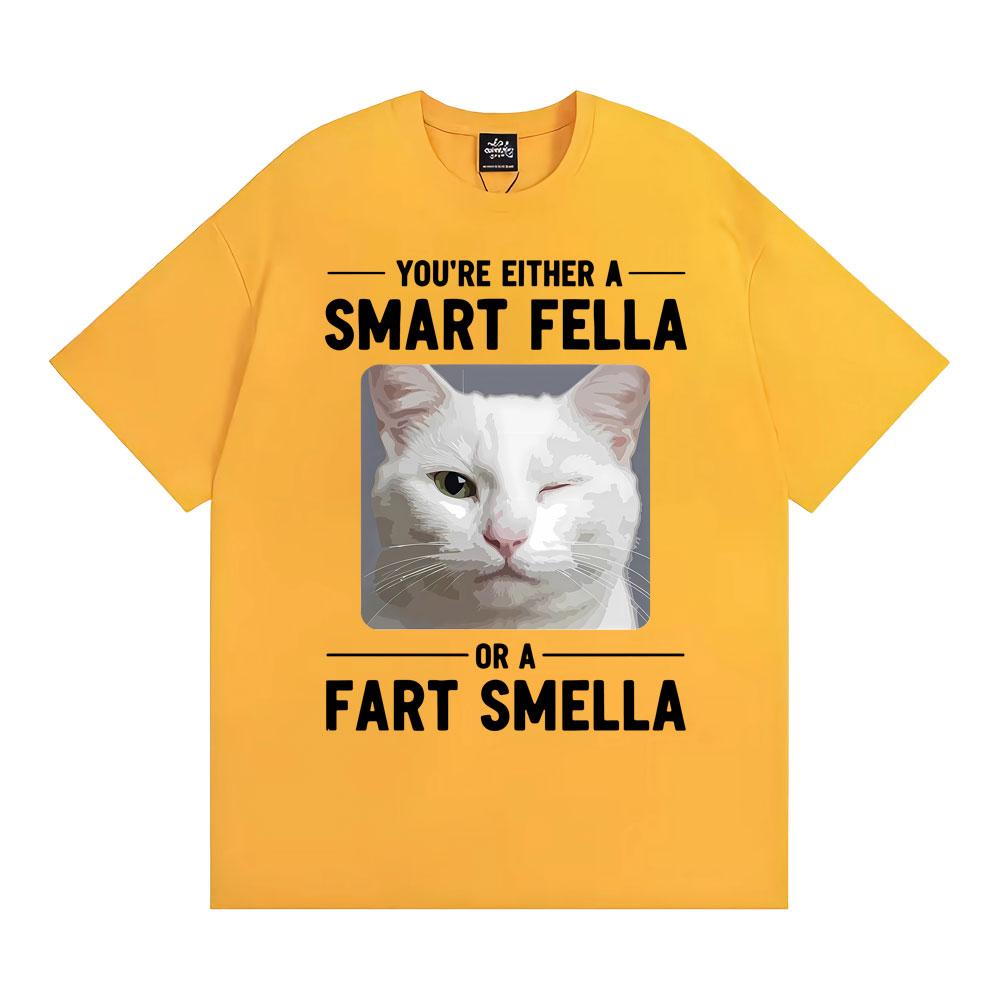 Winking Cat Smart Fella or A Fart Smella Graphic Tshirts Unisexs Women Clothing Retro Summer Short Sleeve Cotton Casual T Shirt