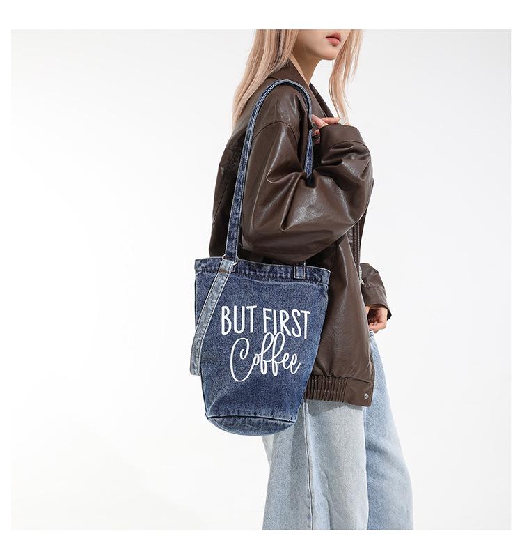 Retro Washed Denim Crossbody Handbag - Large Capacity, Printed Single-Shoulder Bag