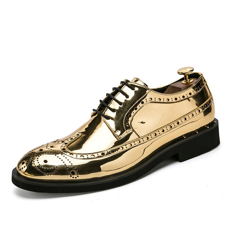 Fashion Glossy Derby Shoes Large Size Brock Carved Leather Shoes Nightclub Personalized Gold Lace-up Leather Shoes