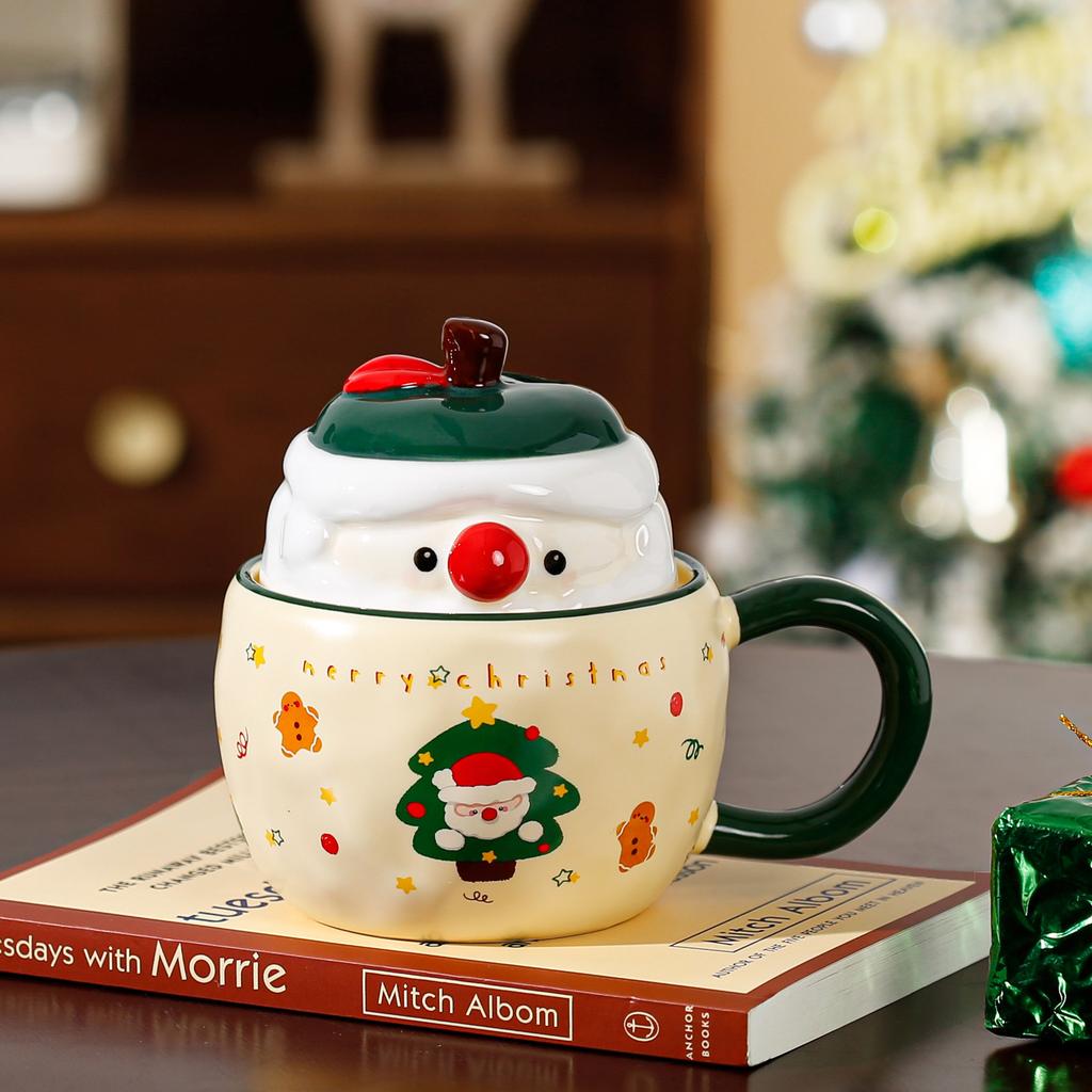 Neues Produkt mit Deckel Weihnachtsapfel Keramiktasse Hochwertiges Set Becher Souvenir Cartoon Niedlich Handbecher Geschenk