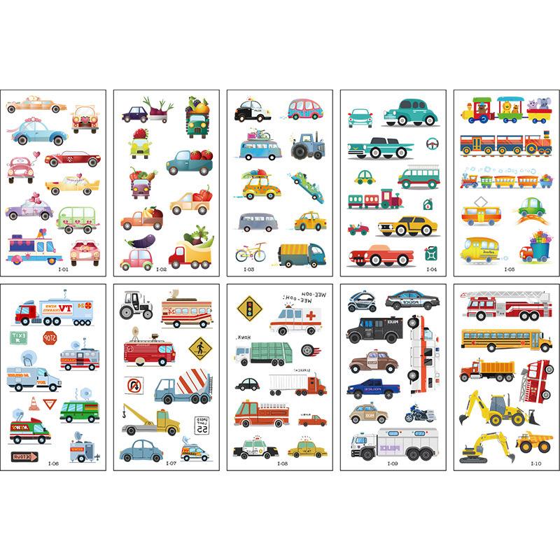 10Sheets/Set Kids Cute Cartoon Tattoo Stickers Transport Engineering Vehicle Cars Fake Temporary Tattoo Boys Gift