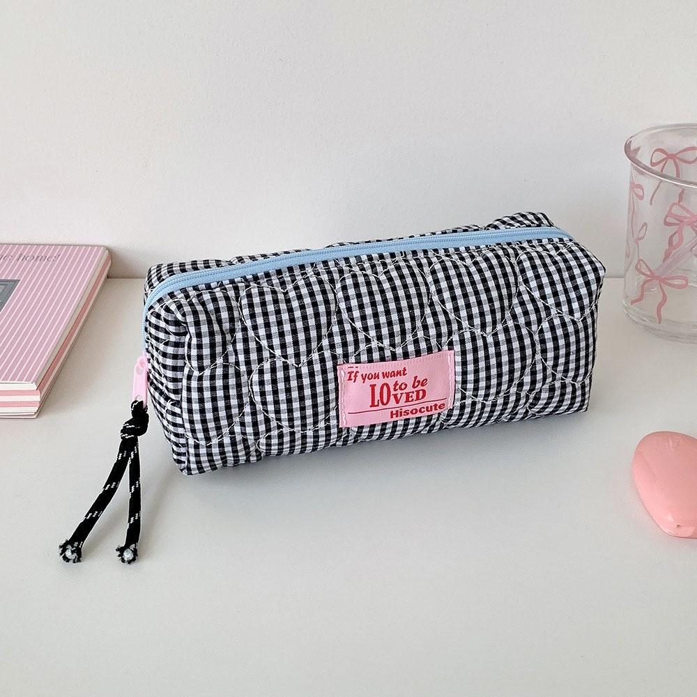 Pen Bag Korean Plaid Stationery Bag Cloth Pencil Pouch Plaid Heart Pencil Case  Office