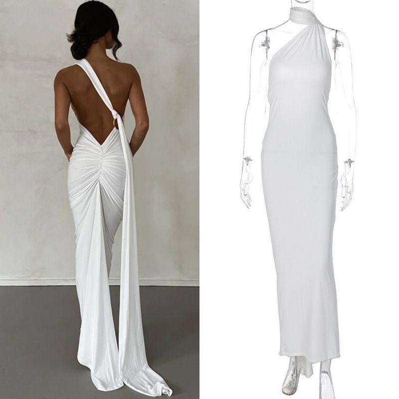 

Ruffled New Sleeveless Backless Sexy Tight Dress White 2176 S