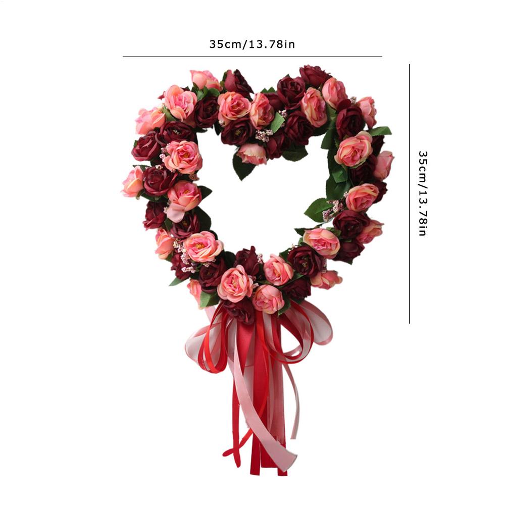 Valentines Wreath Front Door Heart Shape Artificial Rose Flower Garland Spring Wreath Silk Fake Peony Wedding Wall Hanging Decor красный
