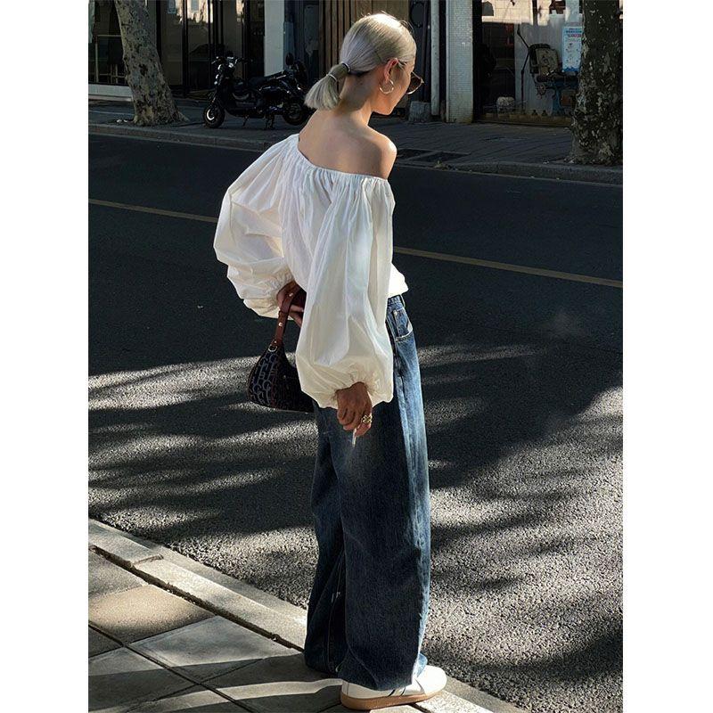 

[Отправка в тот же день] Модная ретро рубашка с белой текстурой жатой ткани, женский приталенный топ с открытыми плечами и рукавами-буфами White S