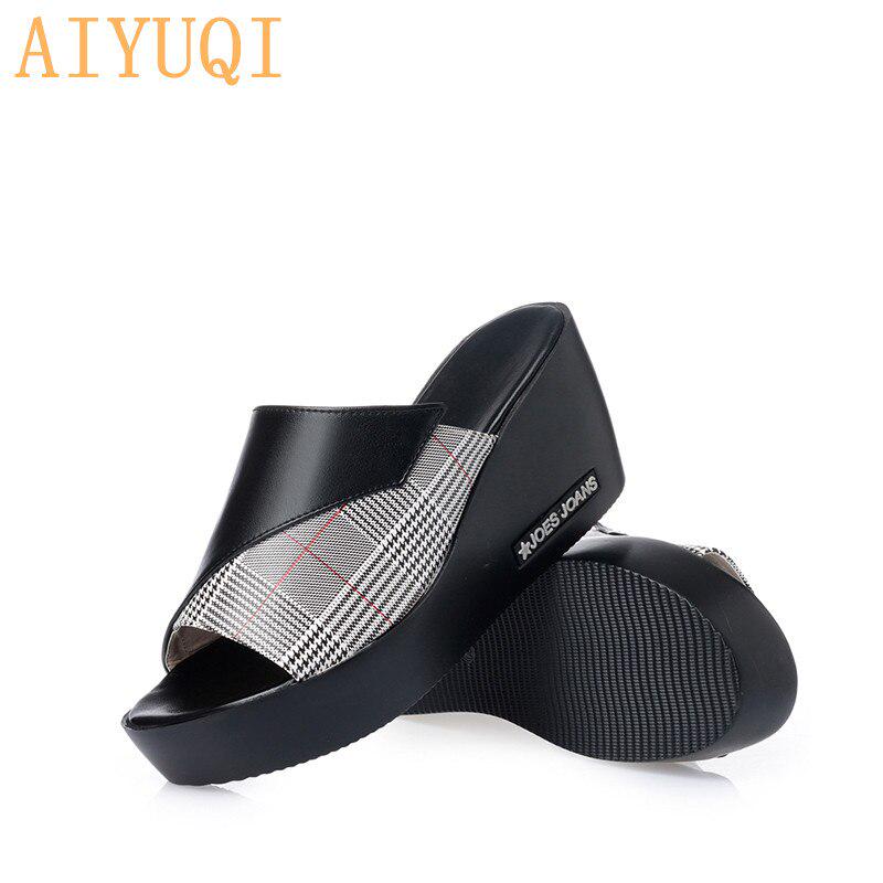 Woman Platform Flip Flops Summer Women Genuine Leather Slipper High Heel Shoes  Women Slipper