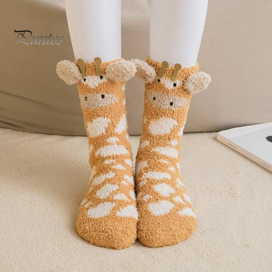 Mid Calf Socks 1 Pair Adults Cartoon Cat Rabbit Alpaca Giraffe Chick Fuzzy Fluffy Thickened Coral Fleece Stretchy Keep Warm Autumn Winter Floor