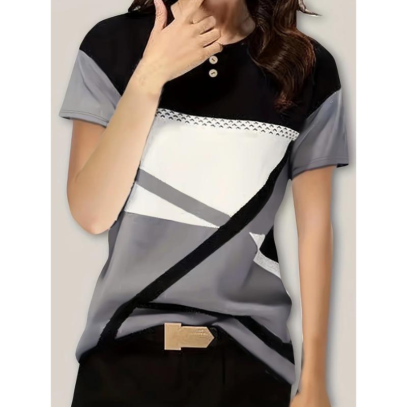 YYFS Women's Fashion Casual Summer Spring Colour Block Print Short Sleeve O-Neck Blouses & Shirts