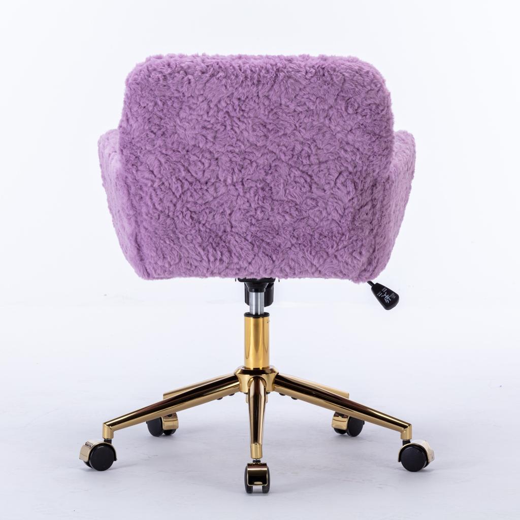 Fluffy Faux Rabbit Hair Vanity Chair, Violet Adjustable Height 360 Degrees Swivel Home Office Chair with Armrest, Golden Metal Rolling Base,DE1831VT