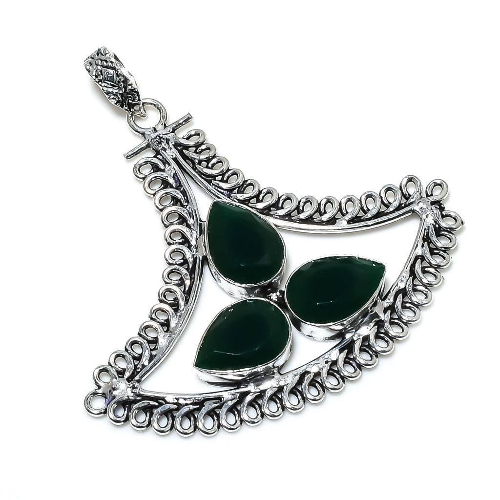 Smaragd Edelstein Top Qualität Edelstein Handgefertigter Anhänger 925 Sterling Silber Anhänger, Antik Silber Anhänger, Drei Stein Anhänger für Geschenke