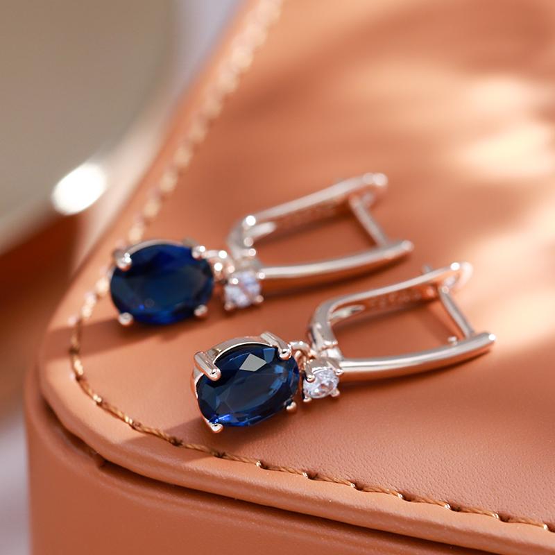 Oval Blue Zircon Dangle Earrings Gold Color Trendy Jewelry Women Luxury Accessories