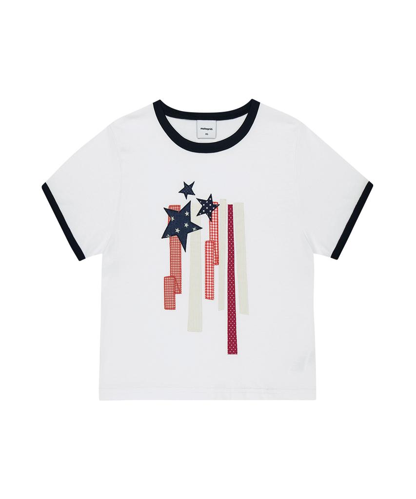 MAHAGRID Flag Applique Ringer Crop Tee White(Mg2Gmft513A)