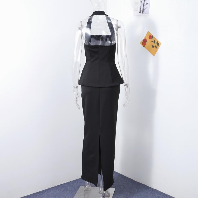 Elegant Halter Top Skirts Set Women Solid Color Backless Sleeveless Crop Tops Split Long Skirt 2025 Spring Summer New Ladies Outfits