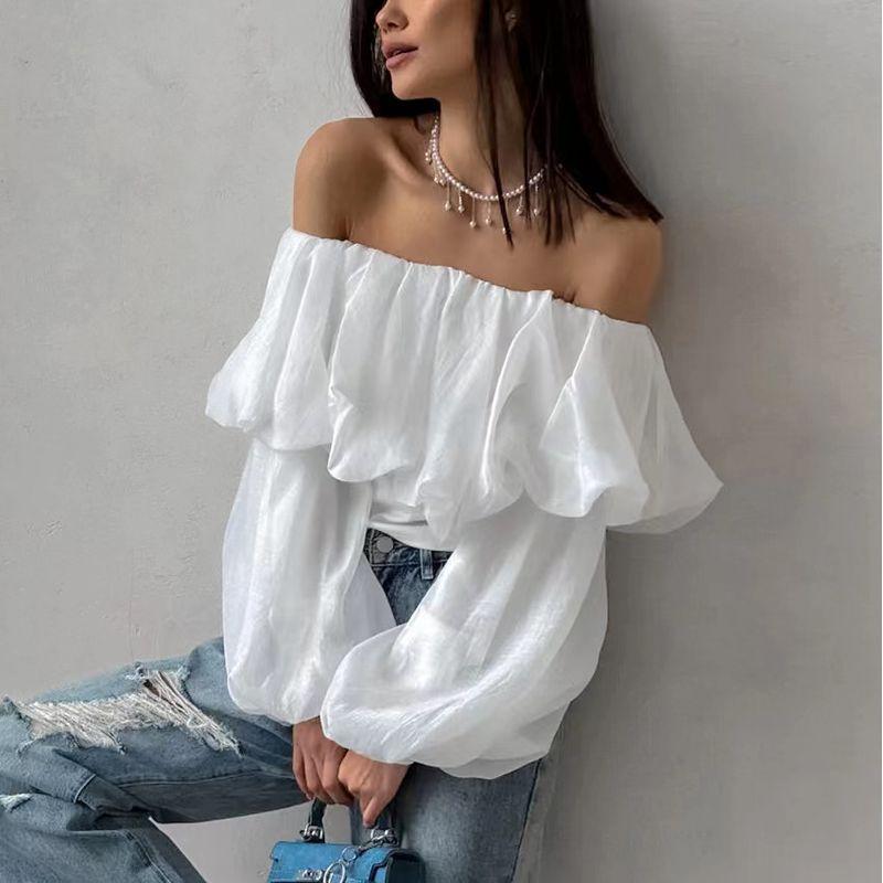 

New Summer French style off-Shoulder Frill Shirts Puff sleeve Top One Line Collar Shirt White S
