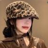Pu Leather Brim Lamb Wool Berets Hat Keep Warm Women Newsboy Caps Retro Leopard Print Berets  Girl