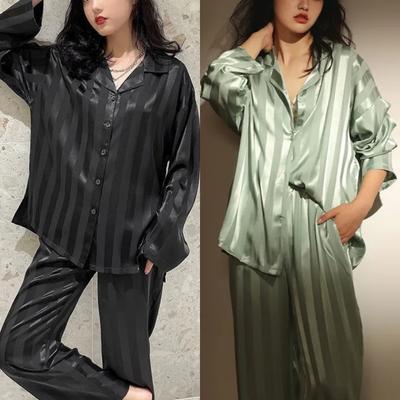 Women's Spring and Fall Two-Piece Set Pajamas Ice Silk Fashion Striped Simple Casual Temperament Sweet Homewear Ladies Clothes