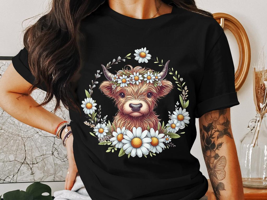 Floral Highland Cow T-Shirt, Daisy Crown, Animal Lover Gift