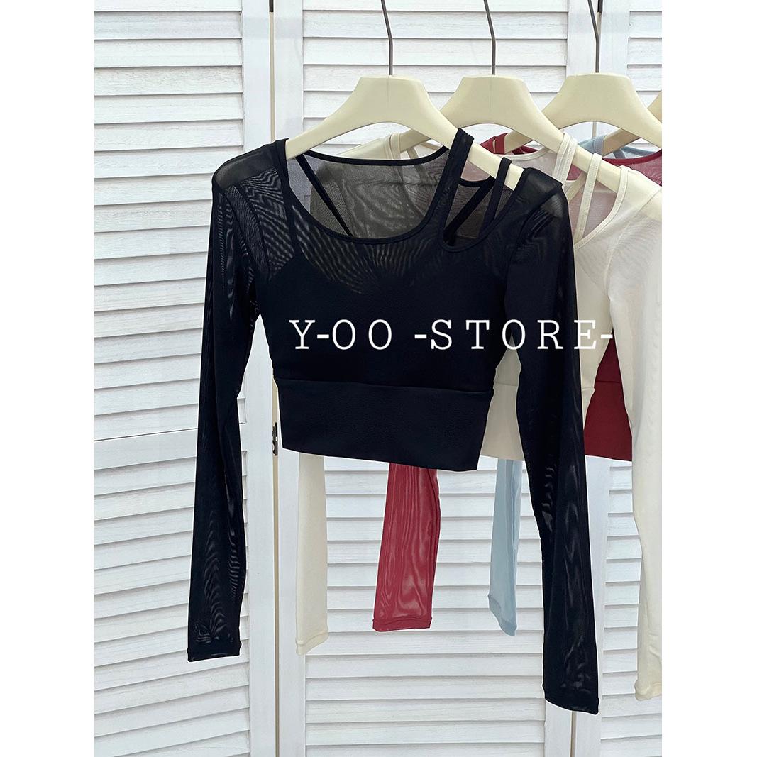 Women s Chic One-Shoulder Cutout Mesh Yoga Long Sleeve Top XL чёрный