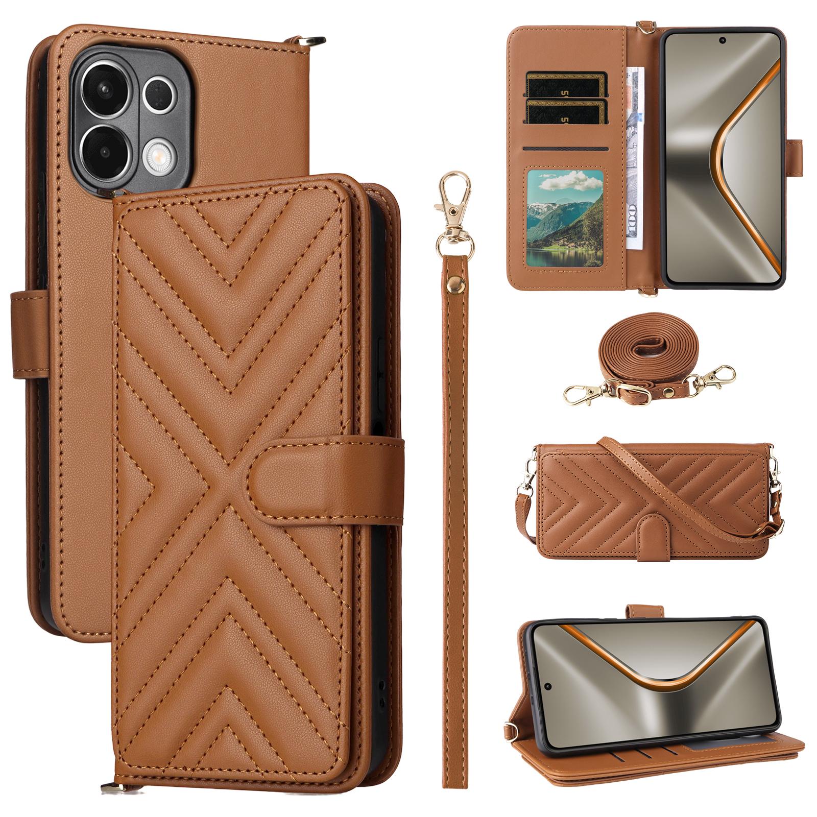 

For Oppo K13 5G/K13x/K12s Case with Shoulder/Wrist Strap Leather Phone Cover Stand Wallet Brown