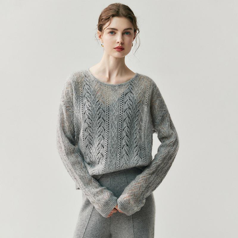 2025 Autumn/Winter Round Neck Cashmere Hollow Knit Cardigan - Women's Plus Size, Loose Fit, Versatile & Lazy Style Sweater