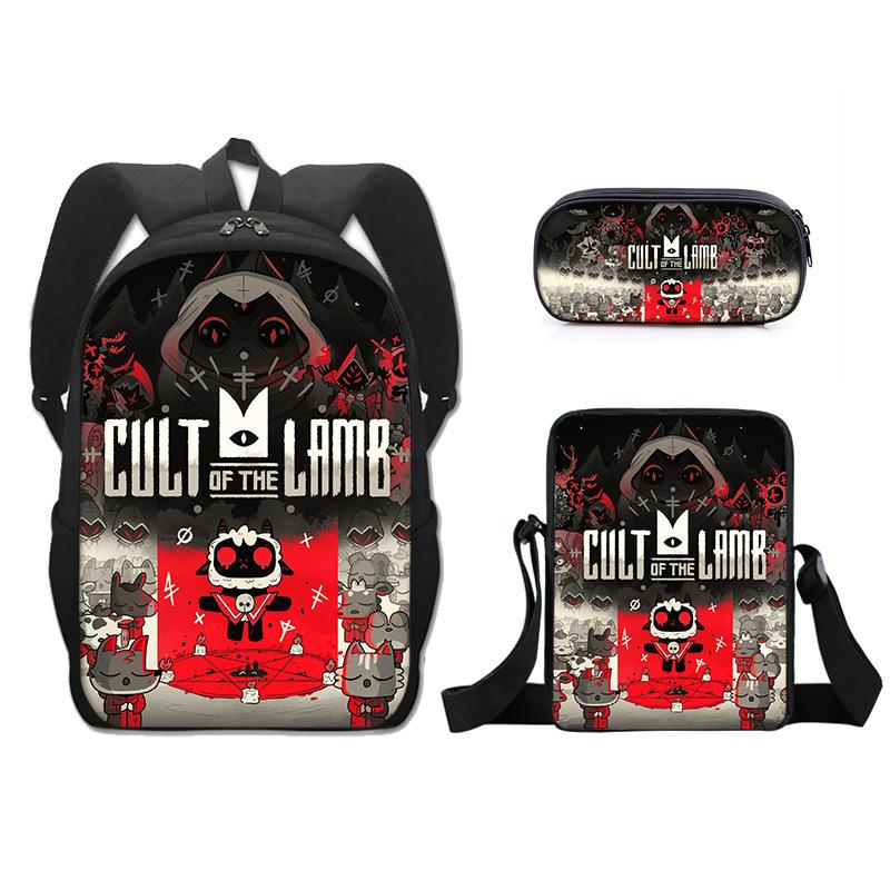 Klassiek Nieuwigheid cult of the lamb 3D Print 3 stuks/Set leerling Schooltassen Laptop Dagrugzak Rugzak Schuinhangende schoudertas Etui