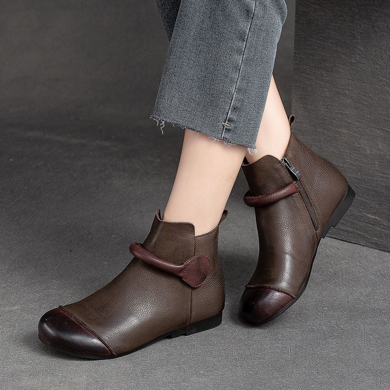Autumn and Winter New Real Soft Leather Retro Style Female Mother Shoes Beef Tendon Soft Sole Round Head Versatile Short Boots Handmade Single Boots