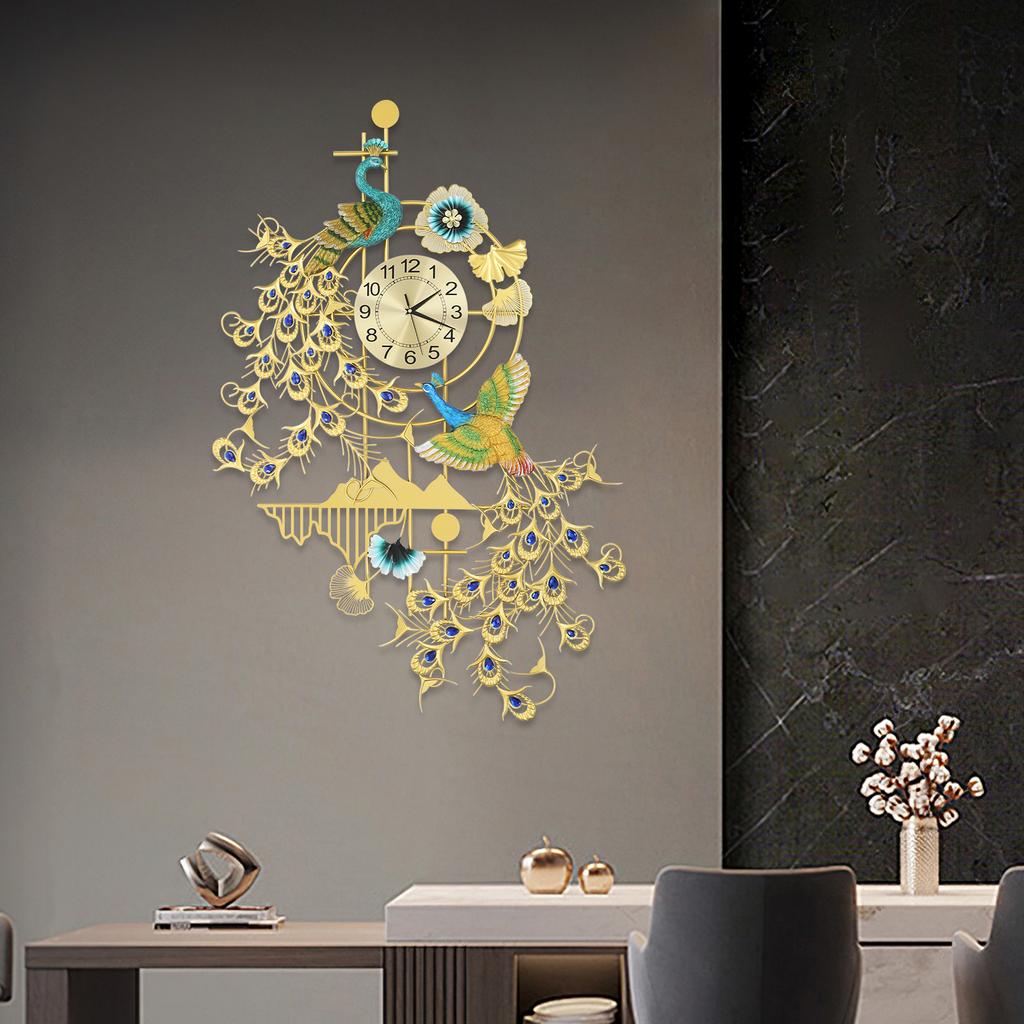Large Peacock Iron Wall Clock,Gold Blue Art Wall Clocks 80*120cm Wall-mounted for Kitchen,Dining Room