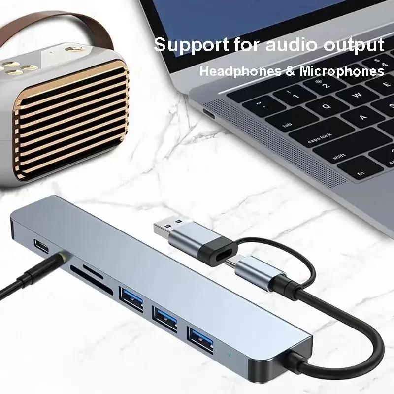 8 In 2 USB C HUB USB Splitter Type C Extender with 4 USB Port 1 USBC Port TF/SD Card Reader Audio Output Compatible for MacBook