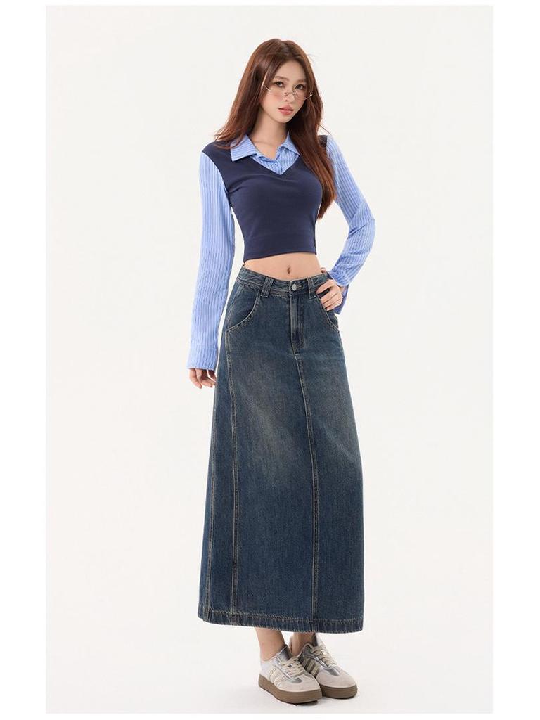 American Retro High Waist A-Line Denim Skirt with Slit and Patchwork - Spring 2026 Collection