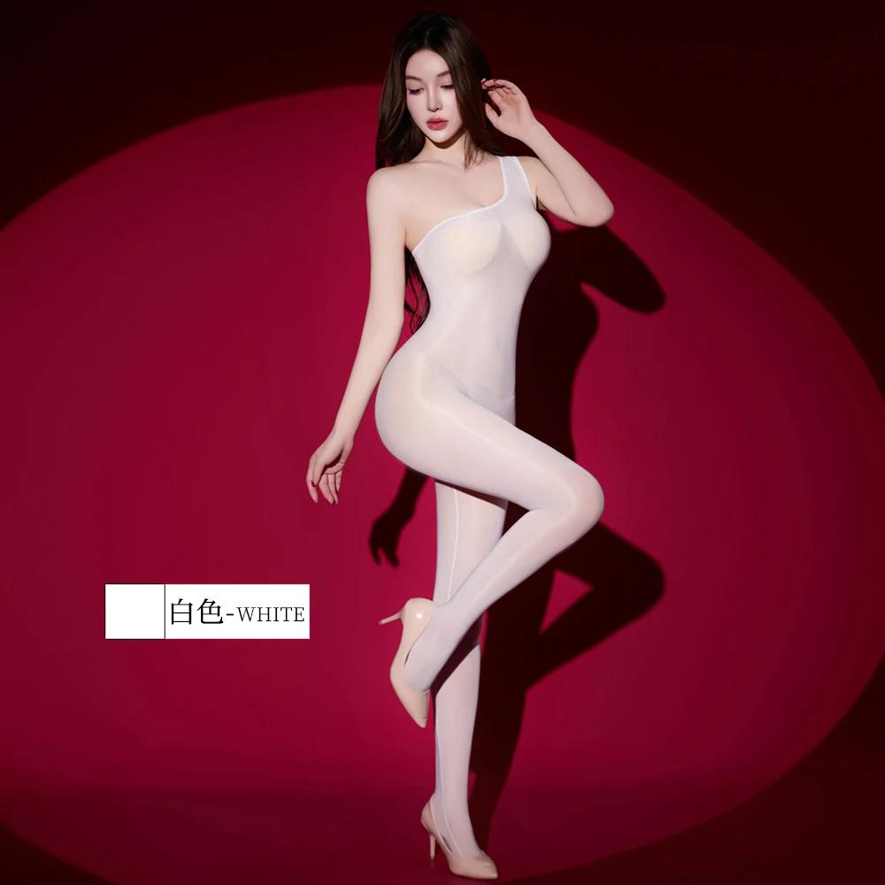 Sexy Women Diagonal Neckline Yoga Shaping Bodysuit Oil Glossy Shiny 5D Smooth Single Sleeve Tights See Through Maid Leotard
