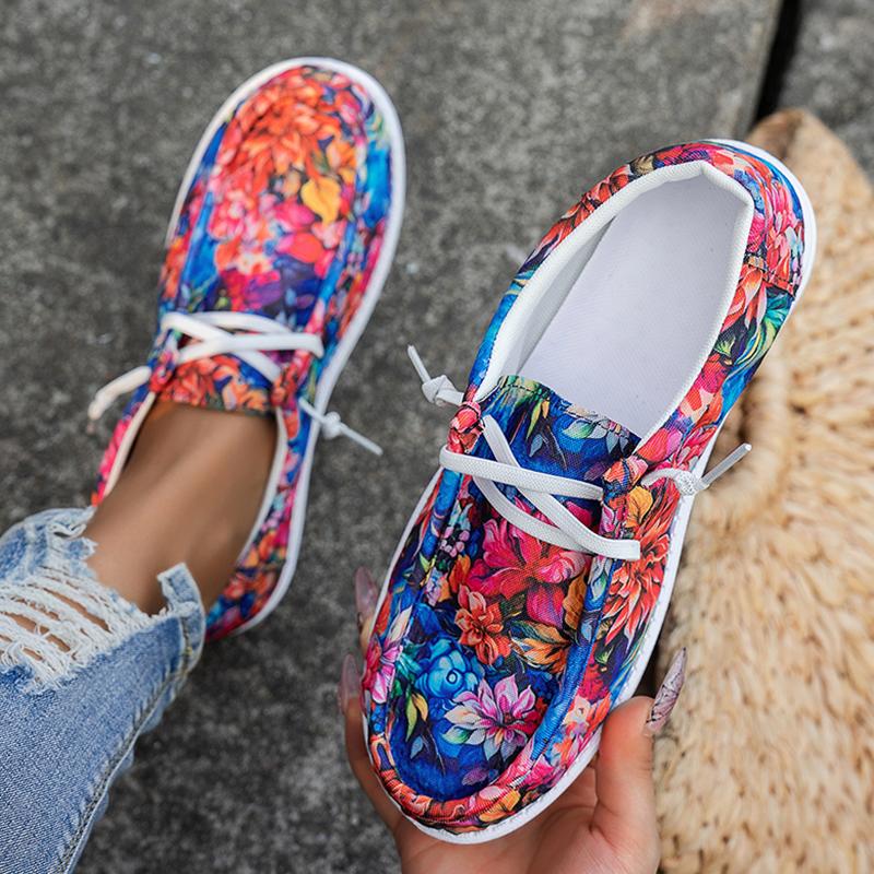 Fashion Fashion Floral Printed Casual Canvas Shoes for Women Lightweight Lace Up Ladies Flat Shoes Comfort Soft Sole Walking Shoes Woman