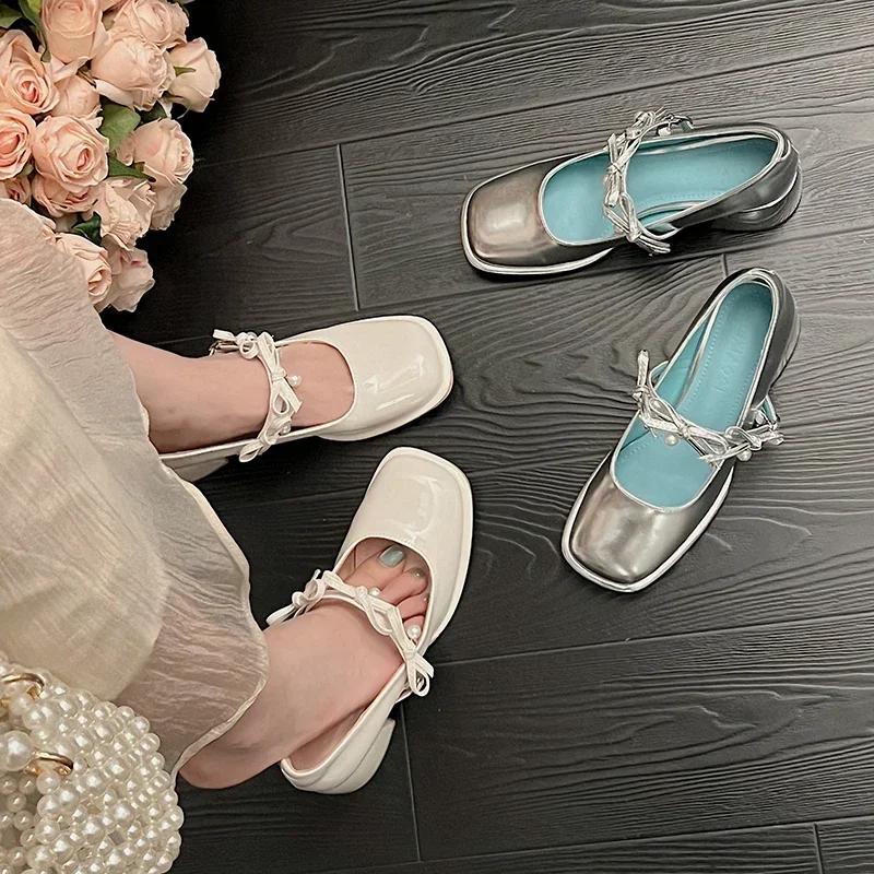 Luxury Pearl Designer Square Toe Mary Jane Shoes Women 2024 Sweet Bow Solid Color Shallow Mouth Outdoor Party Dress High Heels