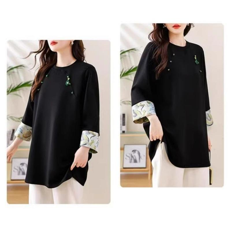 Vintage New Chinese Style Long-sleeved Top Autumn and Winter Mid-length Versatile Shirt