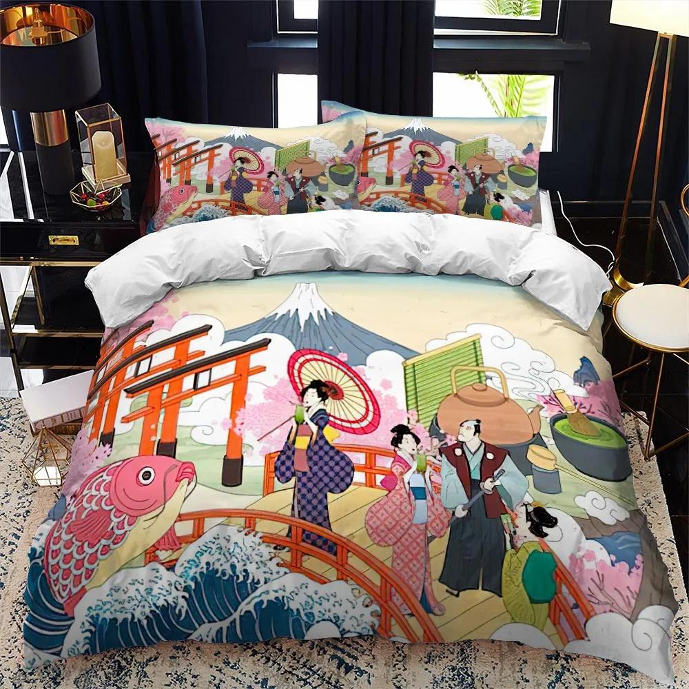 Dynetrekk i japansk stil King Queen Full størrelse Ukiyo-e-tema bølgemønster polyester sengetøysett Fuji Mountain Exotic Style