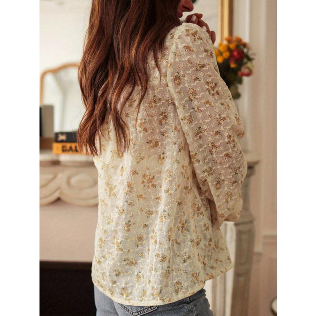 French Style Spring Summer Women's Fashion Loose Lace Splicing Printed Blouse Top